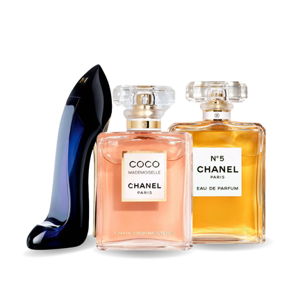 Pachet promoțional de 3 parfumuri: GOOD GIRL, COCO MADEMOISELLE și Chanel Nº5 100ml.