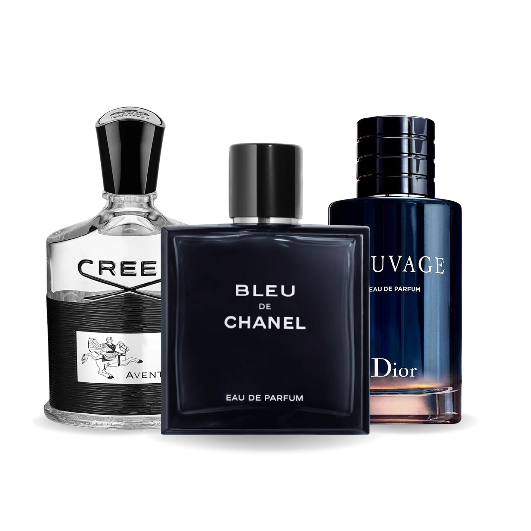 Pachet promoțional de 3 parfumuri: Creed AVENTUS, BLEU DE CHANEL și Dior SAUVAGE 100ml.