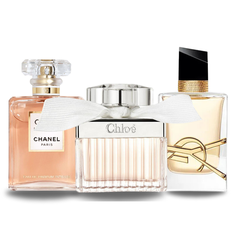 Pachet promoțional de 3 parfumuri: Chanel COCO MADEMOISELLE, Yves Saint Laurent LIBRE și CHLOÉ 100ml.