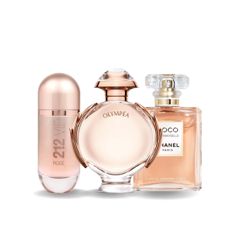 Pachet promoțional de 3 parfumuri: Carolina Herrera 212 VIP ROSÉ, Paco Rabanne OLYMPÉA și Chanel COCO MADEMOISELLE 100ml.