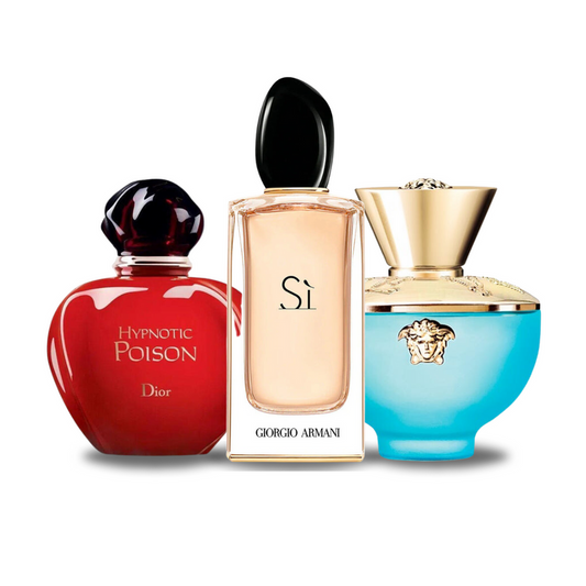 Pachet promoțional de 3 parfumuri: Dior HYPNOTIC POISON, Giorgio Armani SÌ și Versace DYLAN TURQUOISE 100ml.