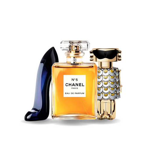 Pachet promoțional de 3 parfumuri: Carolina Herrera GOOD GIRL, Chanel Nº5 și Paco Rabanne FAME.