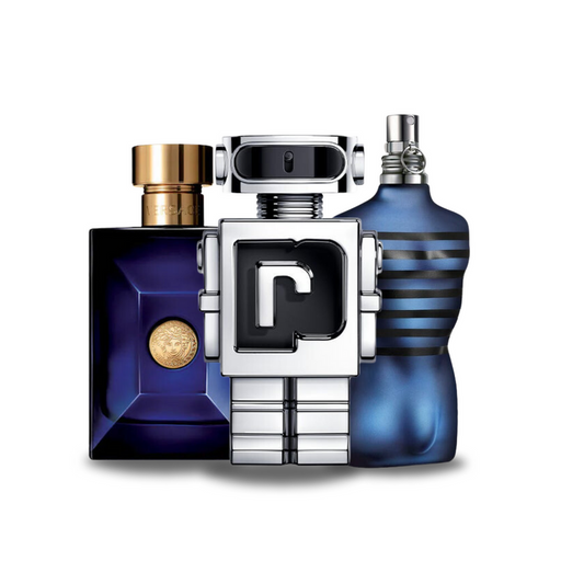 Pachet promoțional de 3 parfumuri: Versace DYLAN BLUE, Paco Rabanne PHANTOM și Jean Paul Gaultier ULTRA MALE 100ml.